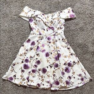 B Darlin Off-Shoulder Dress with Purple Floral Pattern